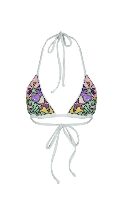 Talia Hand Embroidered White Base Bikini Top