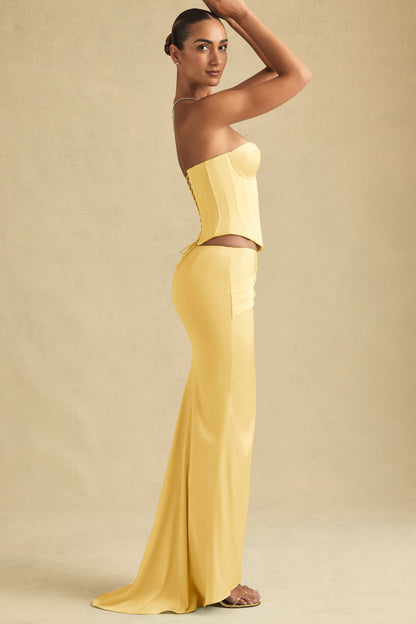 Draped Low-Rise Maxi Skirt in Pastel Yellow