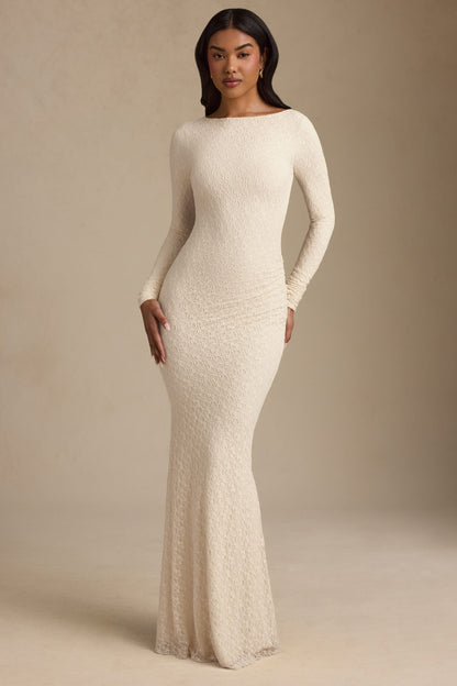 Ruched Backless Lace Maxi Dress in Ivory